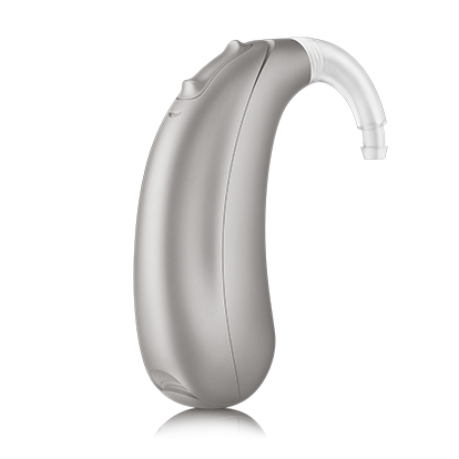 Image of platinum colored Relate4.0 Platinum BTE R hearing aid.